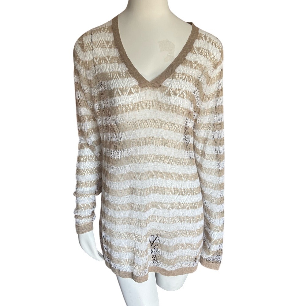 Tommy Bahama Crochet Knit Tunic Top V Neck Long Sleeve Striped Beach Cover Up